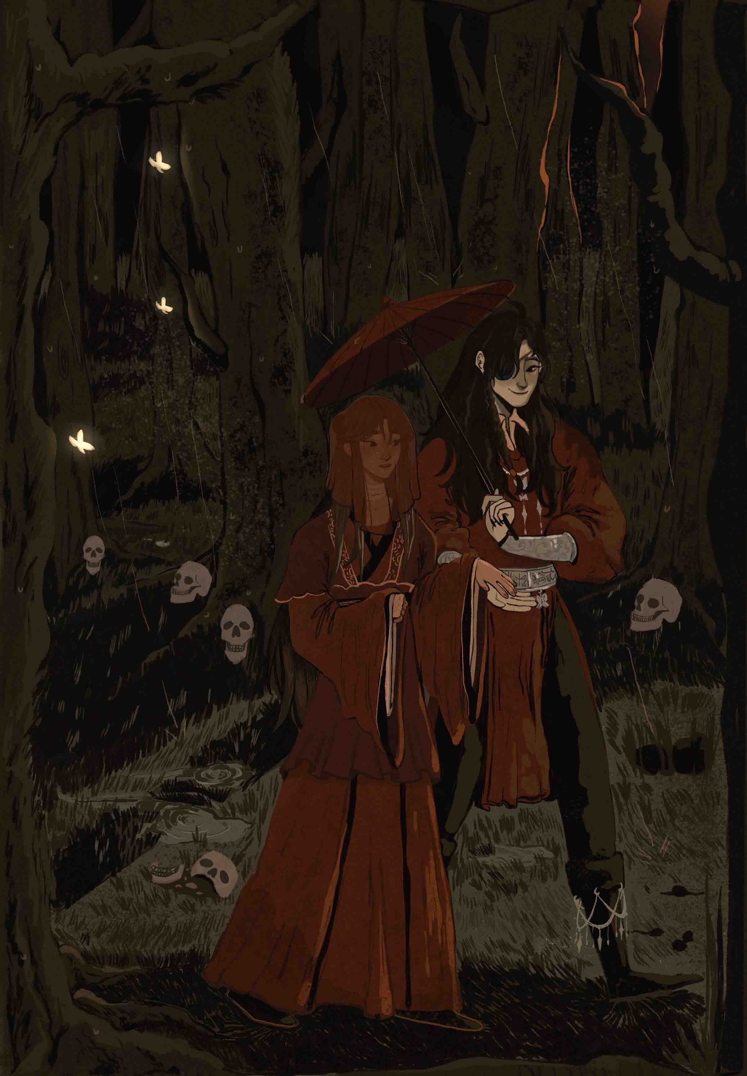 Xie Lian and Hua Cheng walking in the forest while raining, umbrella in hand.